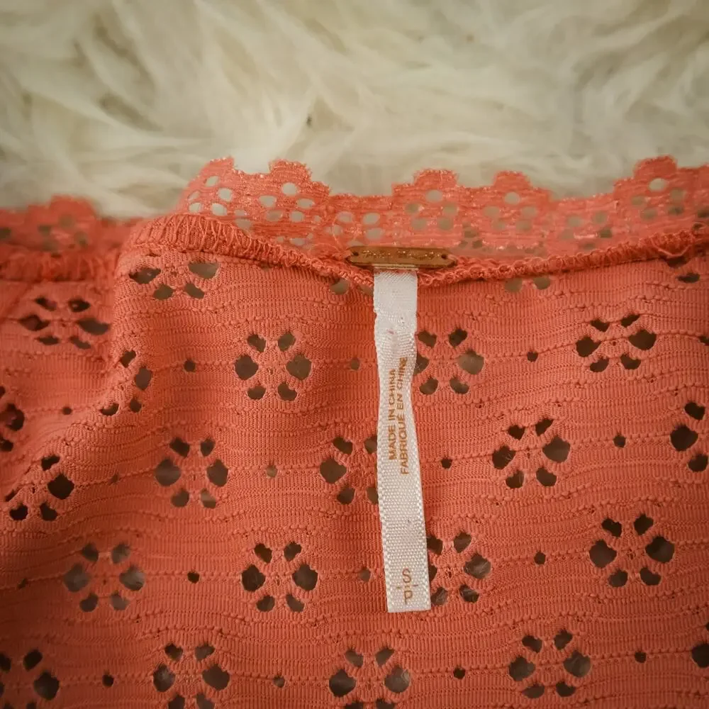 Free People Size Small S Eyelet Lace Button Scoop Neck Long Bell Sleeve Knit Top